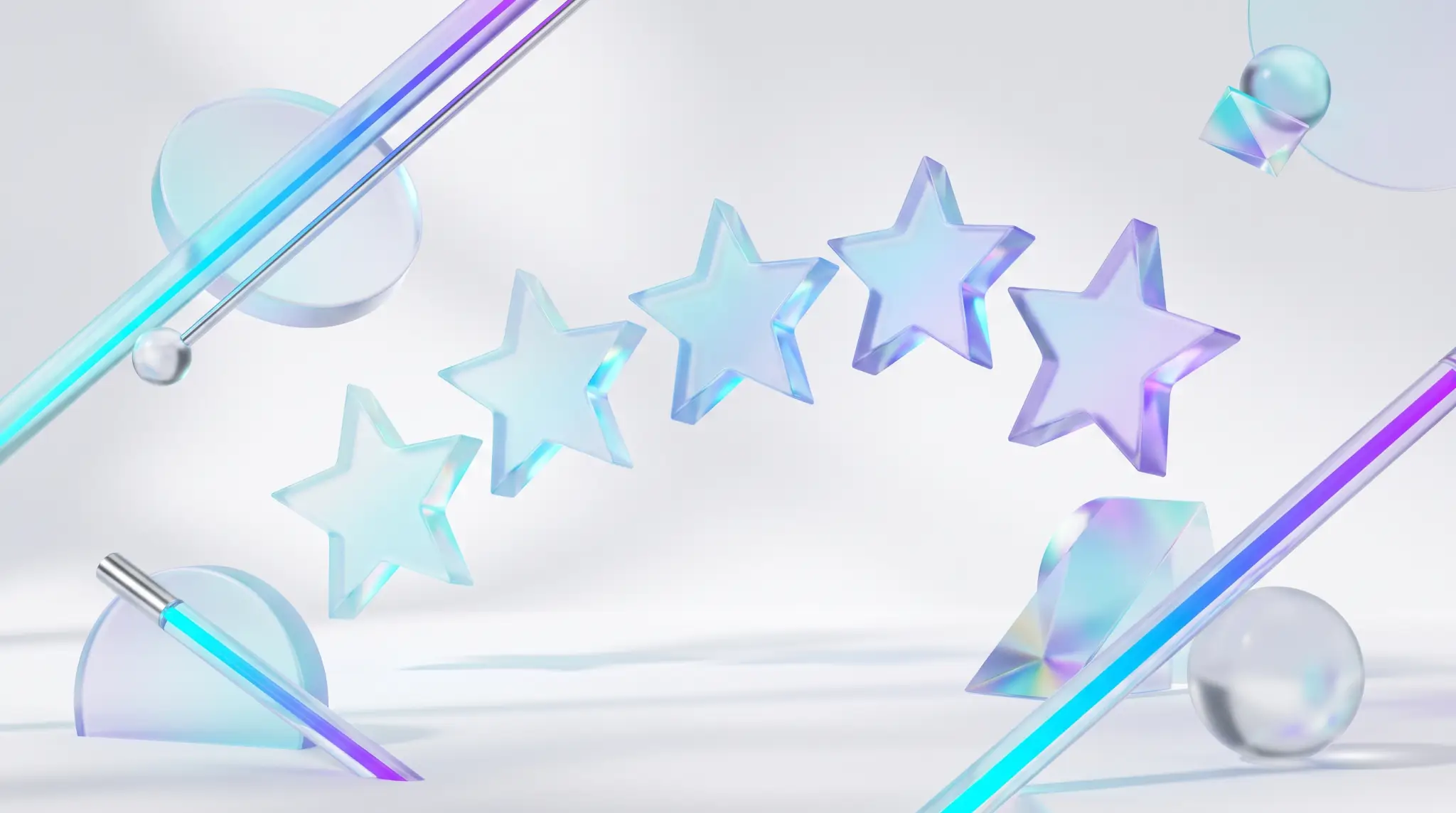 Five glass stars in a rising arc catching cyan and azure light