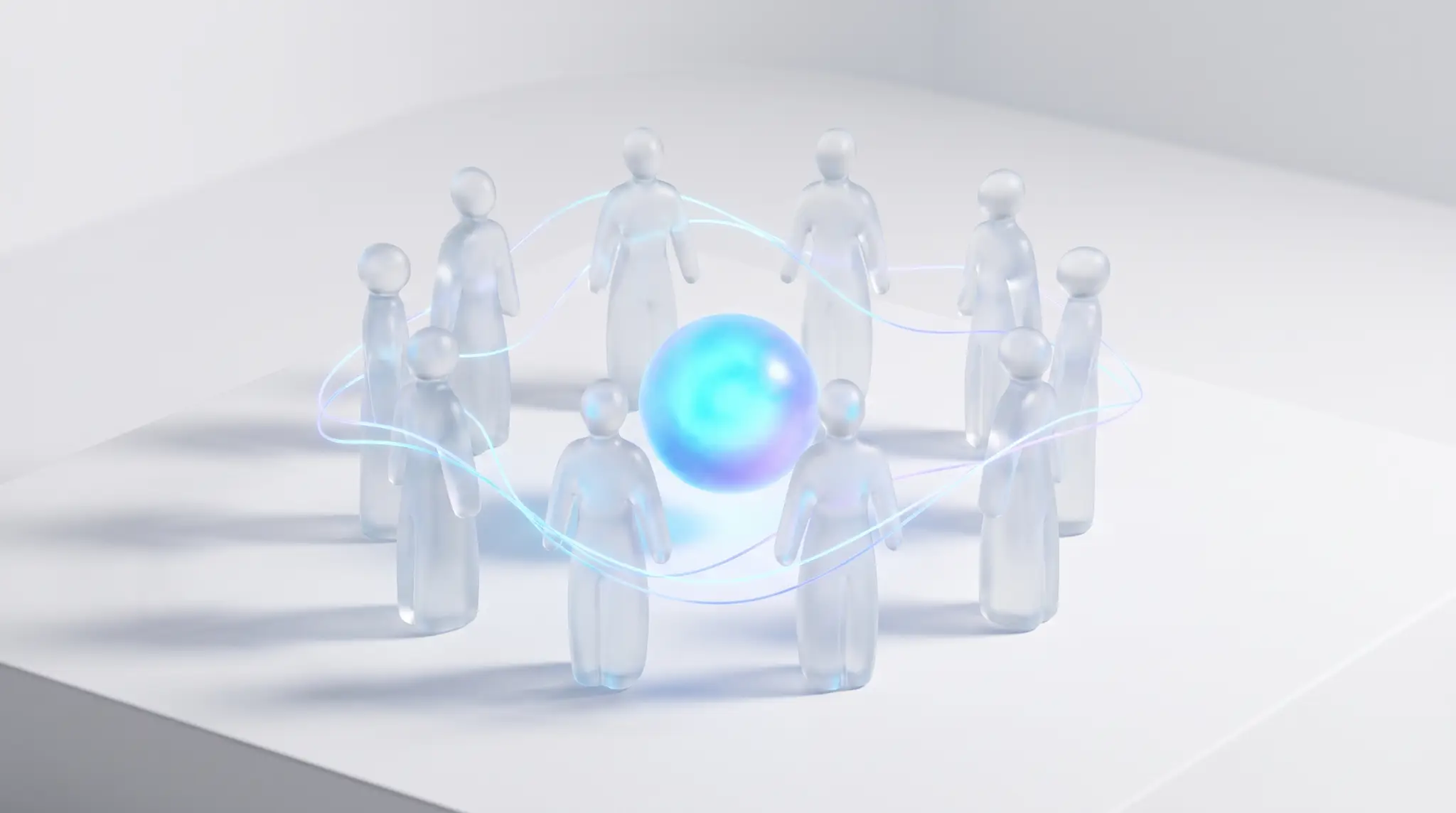 A ring of frosted glass figures around one glowing node of light