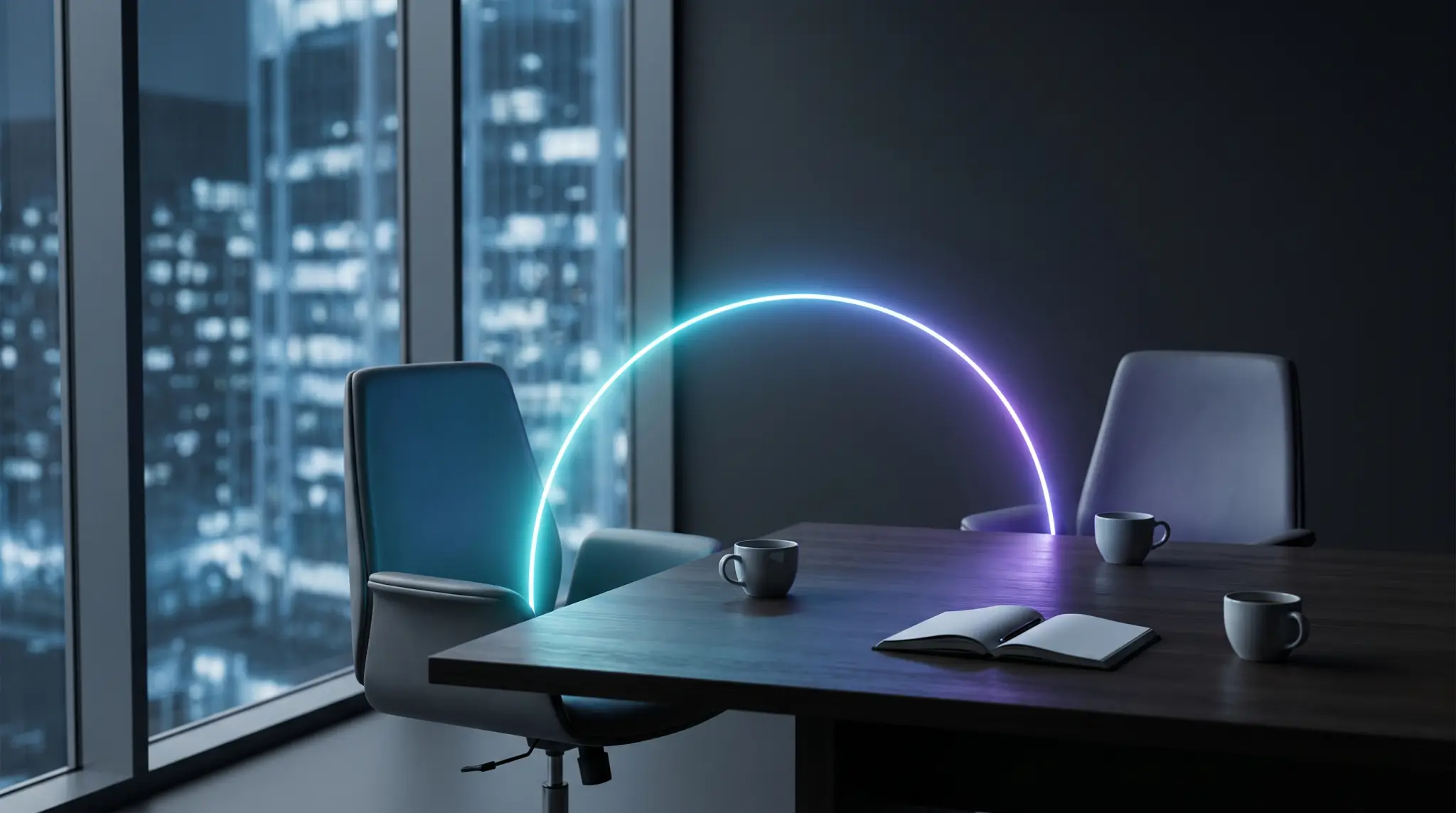 Two chairs at a night-time meeting table with the first spark of an arc of light forming between them