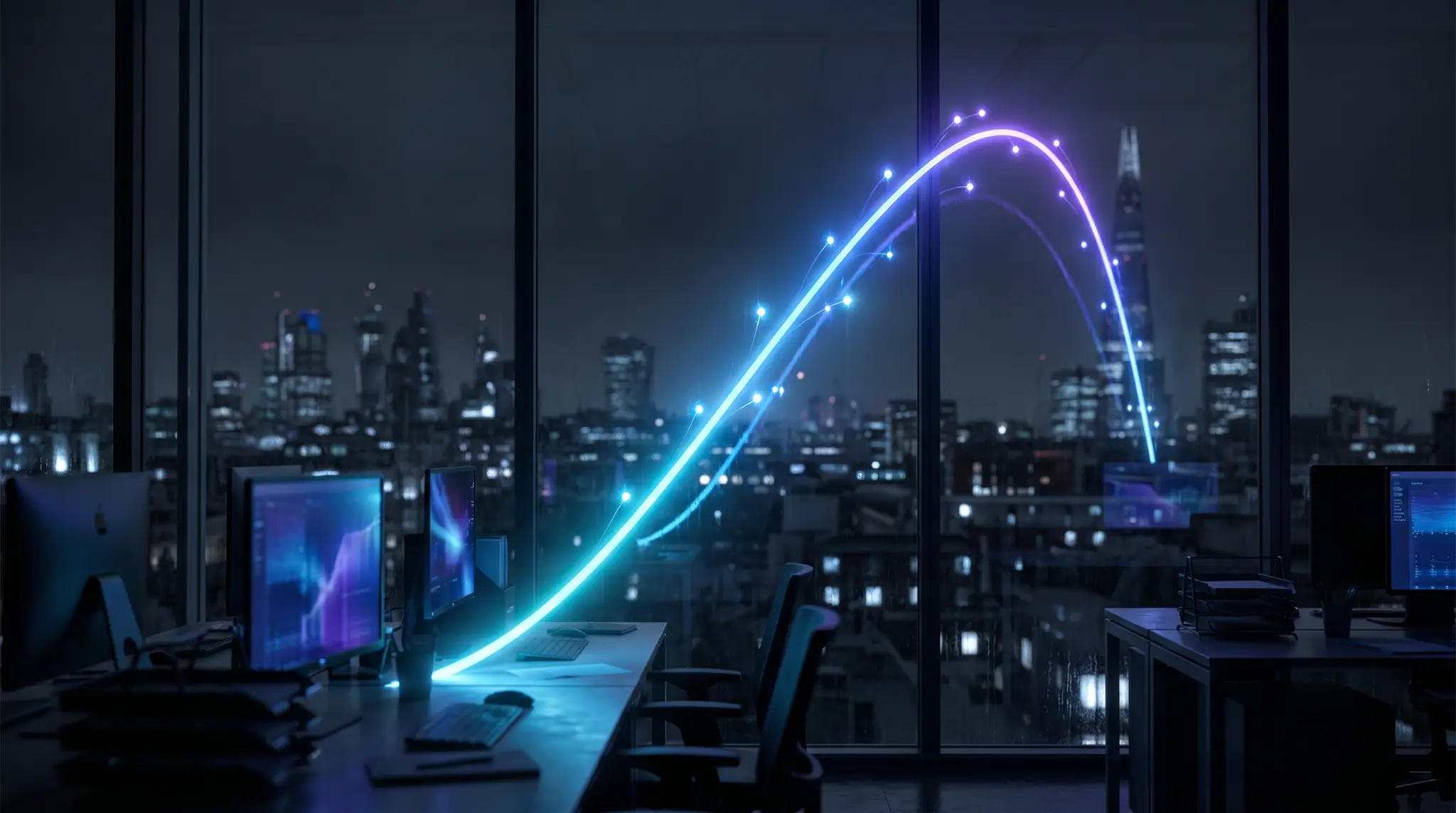 An arc of light rising from an office desk out over the city skyline like a growth curve