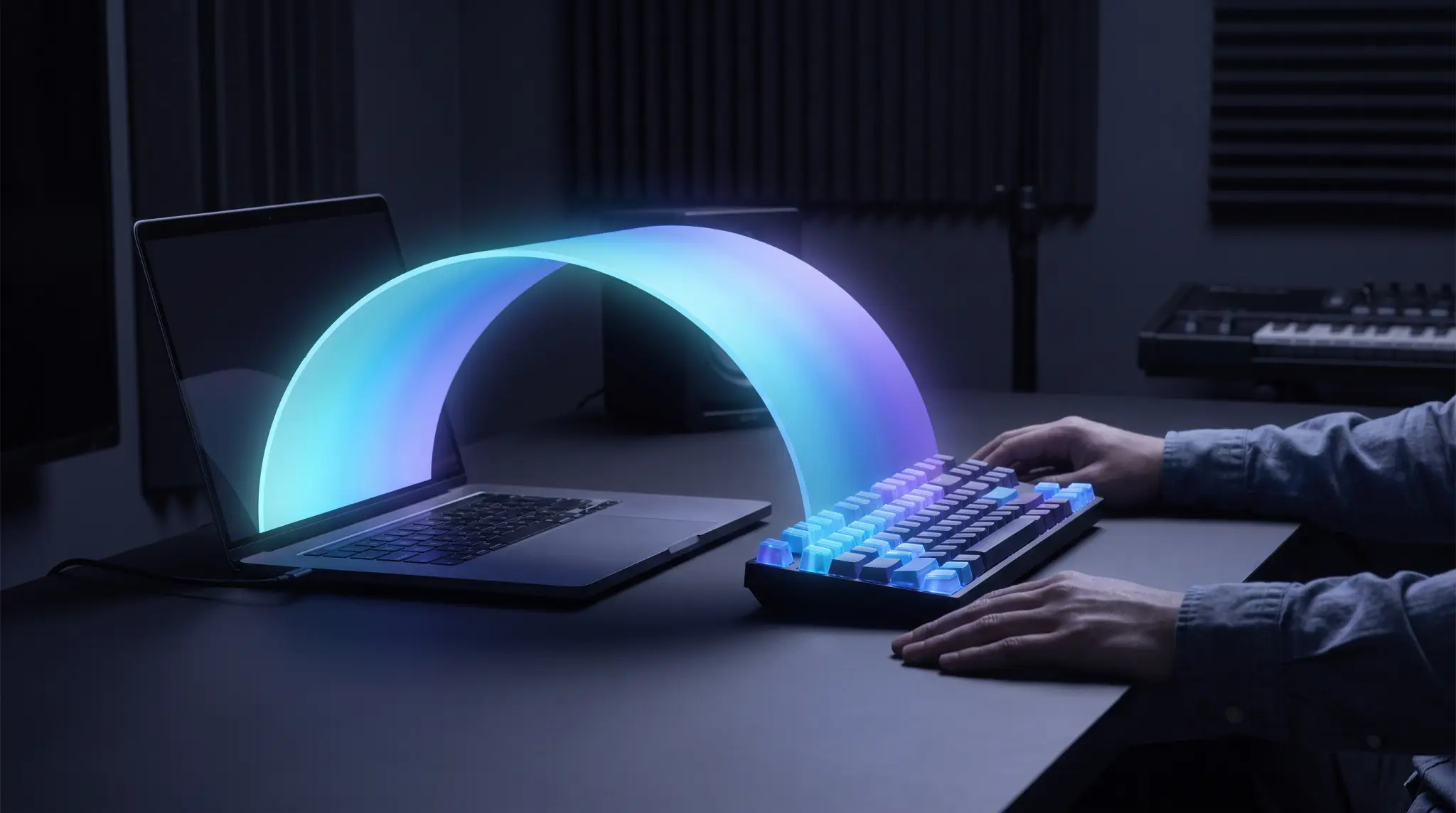 An arc of light flowing from a laptop screen while systems are assembled beside the keyboard