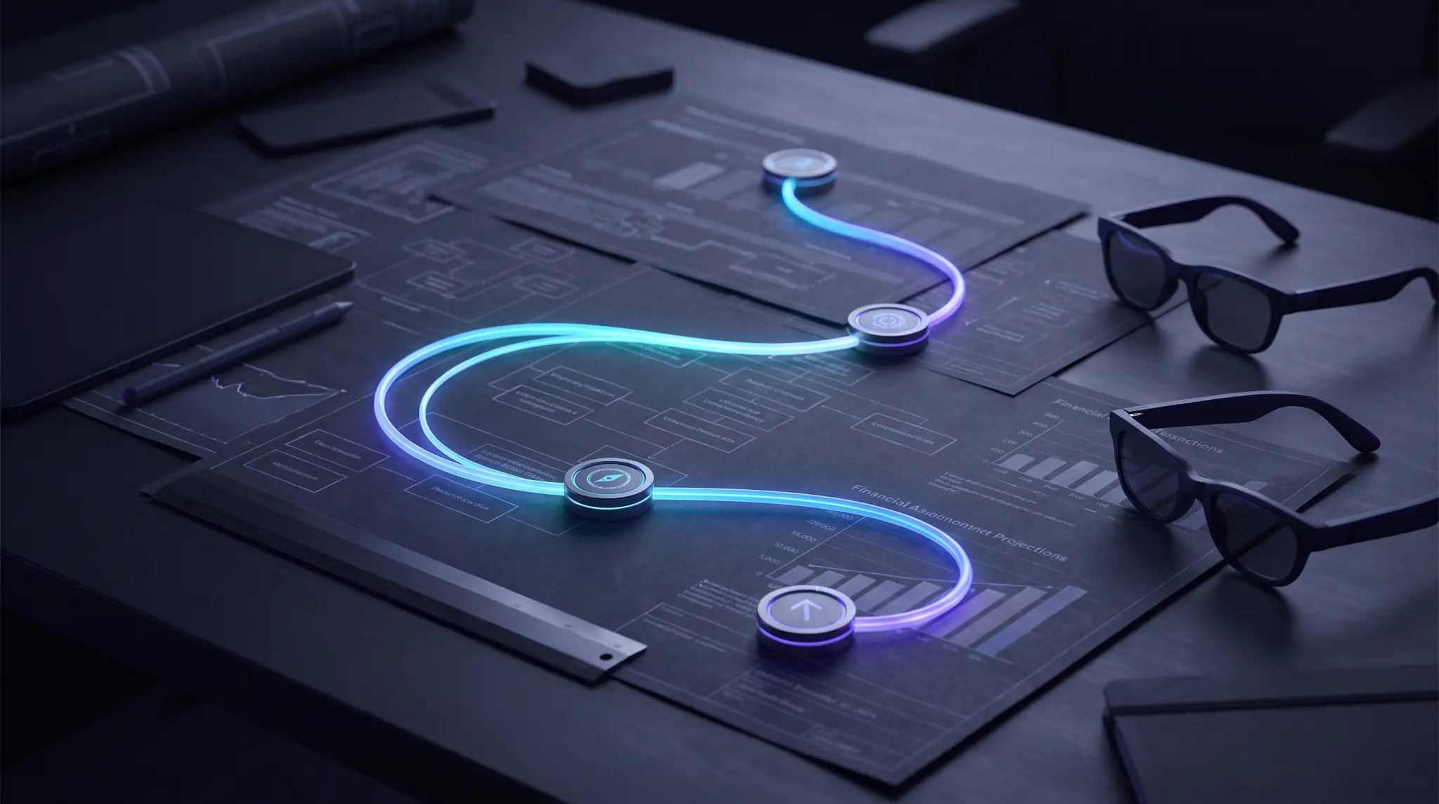 An arc of light plotting a glowing route across business plans on a dark desk