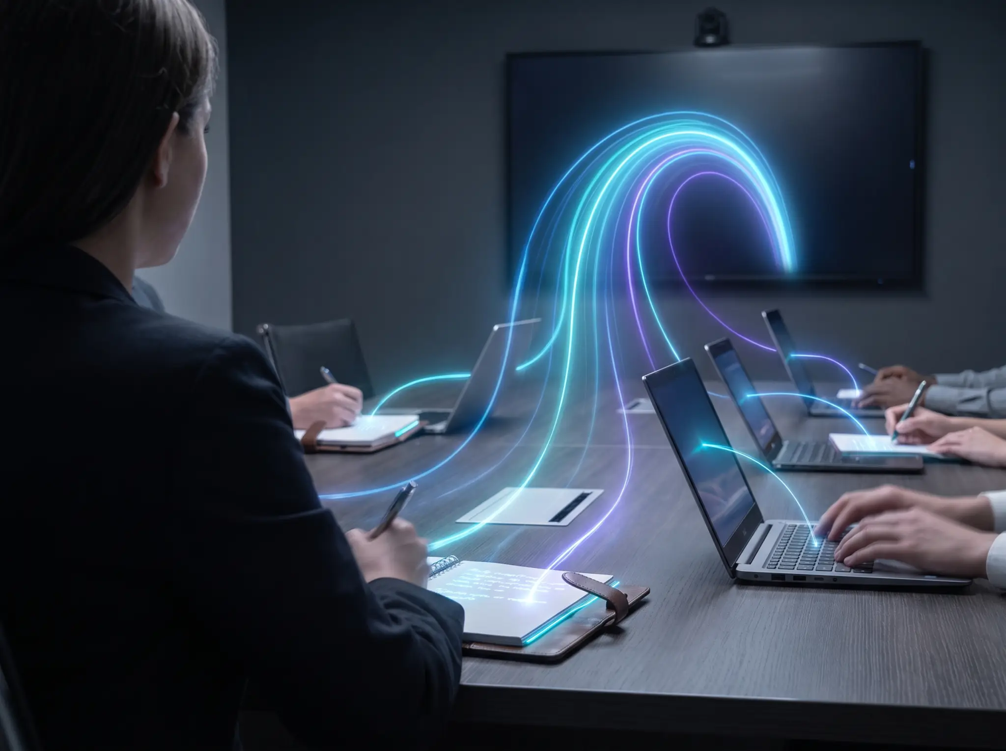 An arc of light carrying knowledge from a presentation screen into laptops around a boardroom table