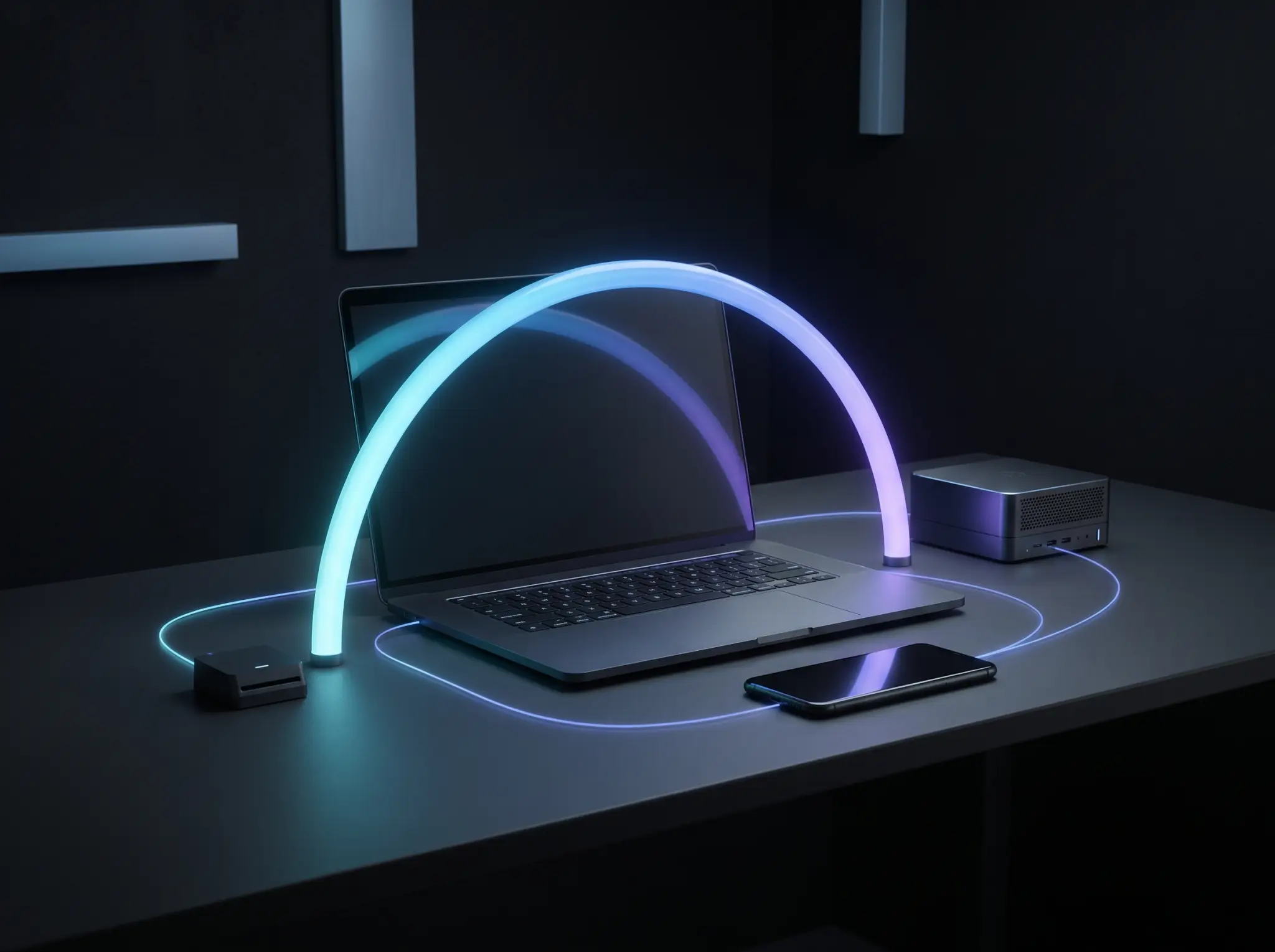 An arc of light connecting a laptop, phone and server into one glowing workflow