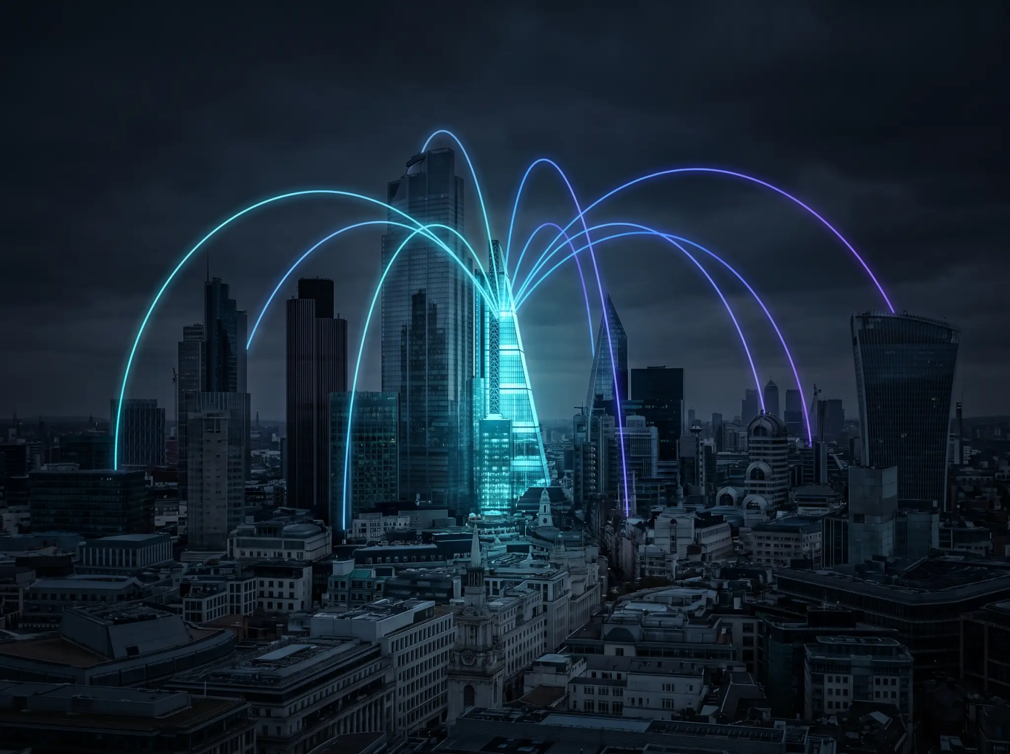 Arcs of light spreading from one office tower to connect a whole city skyline