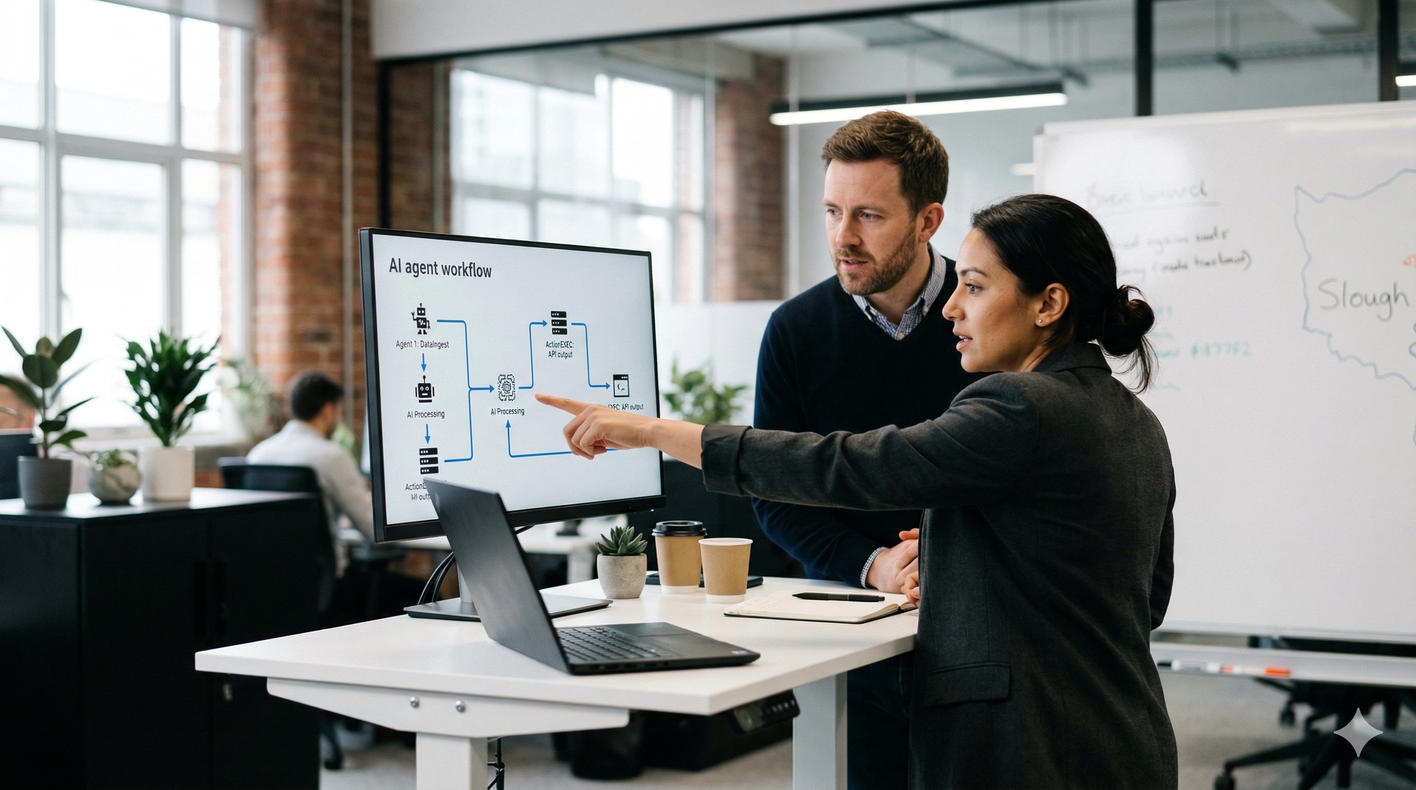 AI agent workflow being discussed in a modern office environment